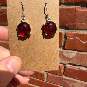 Sterling Silver Amber Drop Earrings - Rich Cognac Red